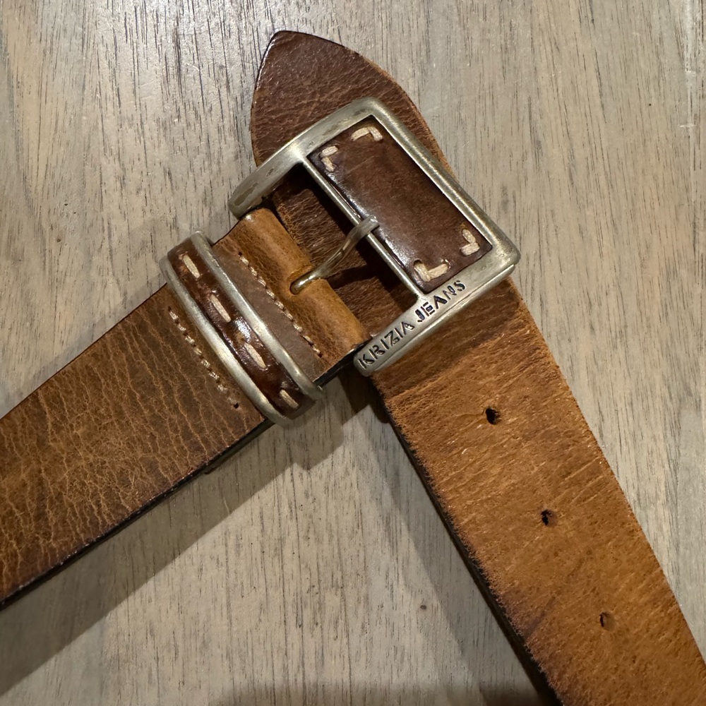 Krizia Jeans Italian Leather Belt distressed w/ Western Buckle & embroidery